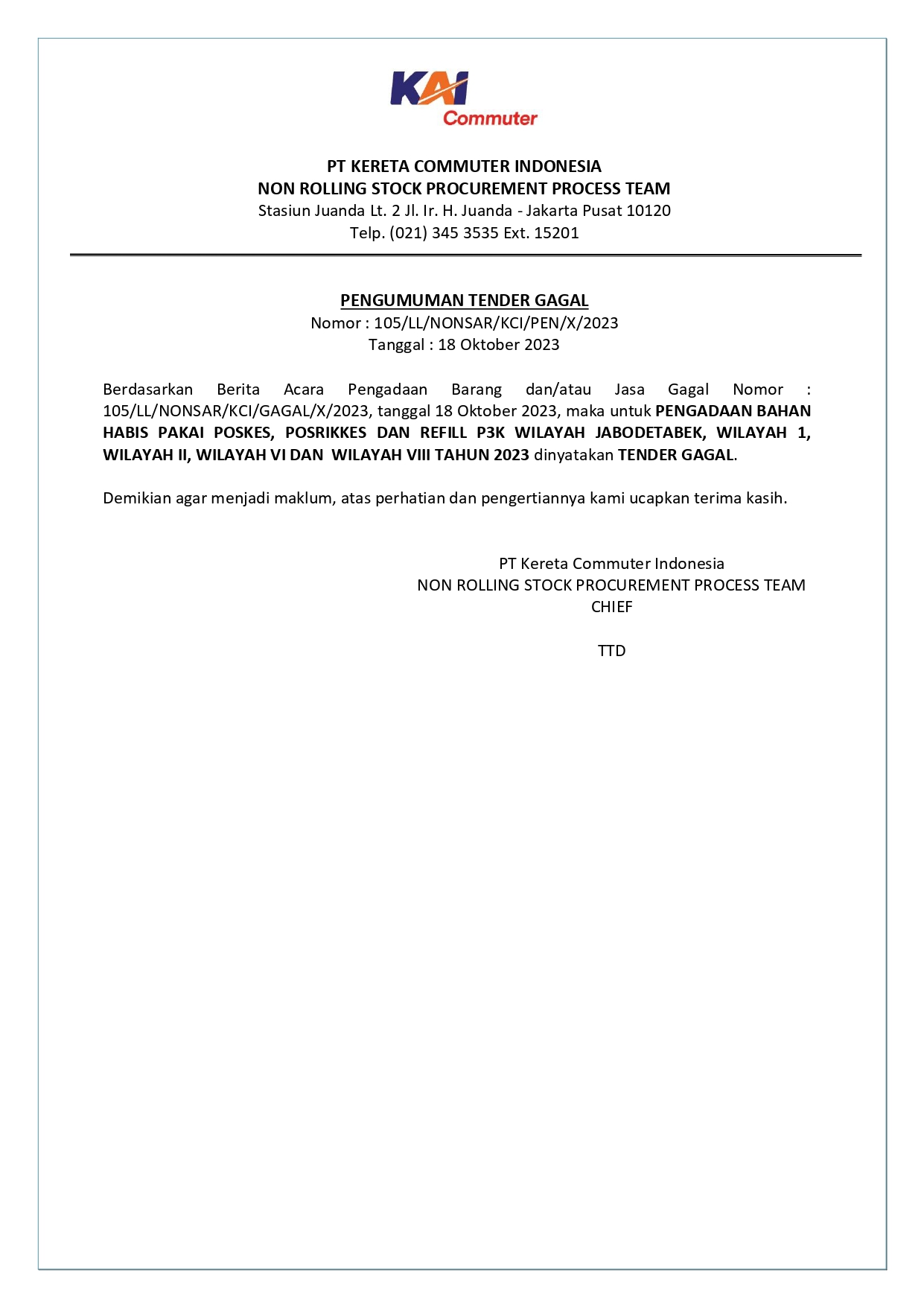 7 pengumuman tender gagal 105 pengadaan bahan habis pakai poskes posrikkes dan refill p3k page 0001